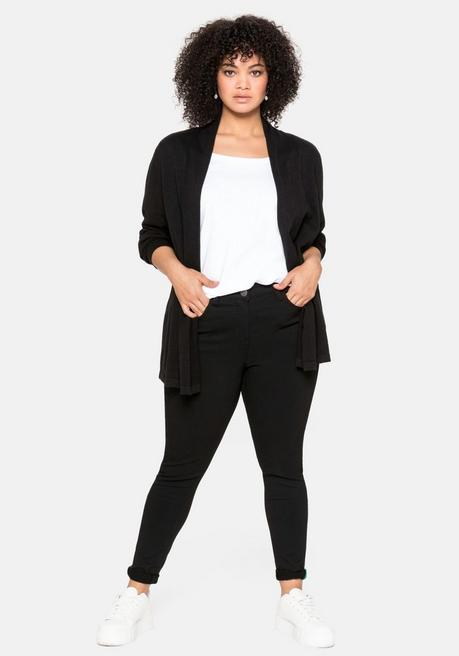 sheego Strickjacke mit schmalem Schalkragen, offene Form - schwarz sheego Fabrikladen