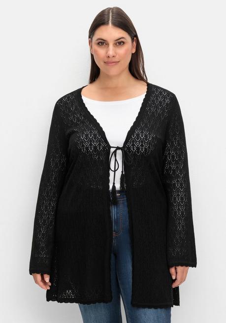 sheego Lange Ajour-Strickjacke mit Bindeband - schwarz sheego 2025