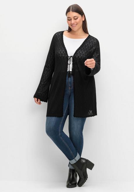 sheego Lange Ajour-Strickjacke mit Bindeband - schwarz sheego 2025