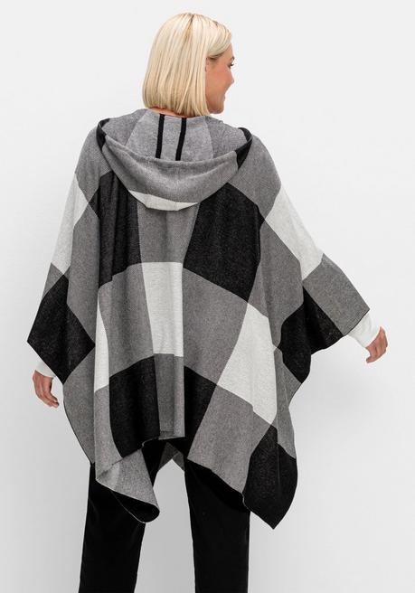 sheego Kariertes Poncho-Cape mit Kapuze, offene Form - schwarz-weiß sheego Zeitlich begrenztes Angebot