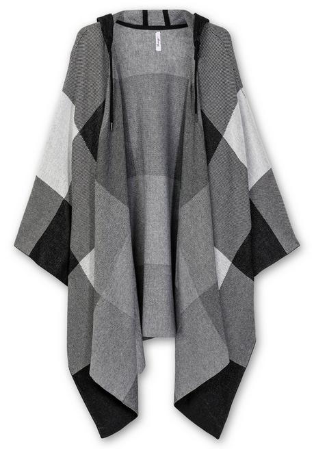 sheego Kariertes Poncho-Cape mit Kapuze, offene Form - schwarz-weiß sheego Zeitlich begrenztes Angebot