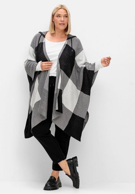 sheego Kariertes Poncho-Cape mit Kapuze, offene Form - schwarz-weiß sheego Zeitlich begrenztes Angebot