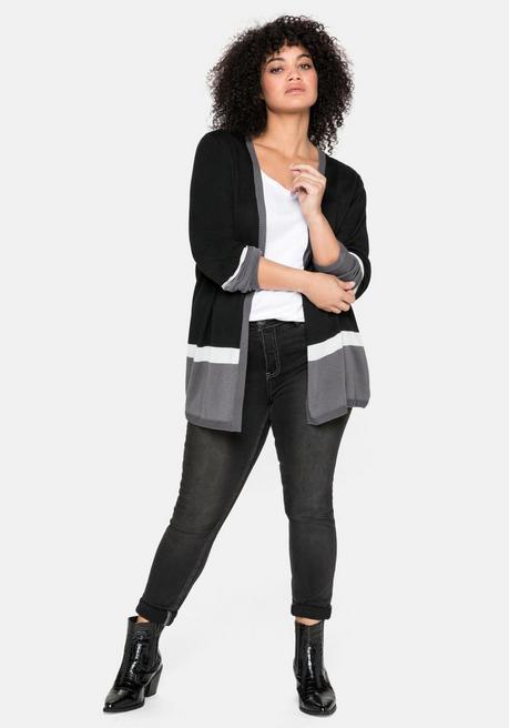 sheego Strickjacke im Colourblocking-Stil, in offener Form - schwarz sheego Saisonale Angebote