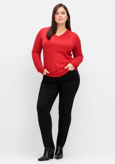 sheego Pullover aus Feinstrick mit V-Ausschnitt - mohnrot sheego Super Sparpreis