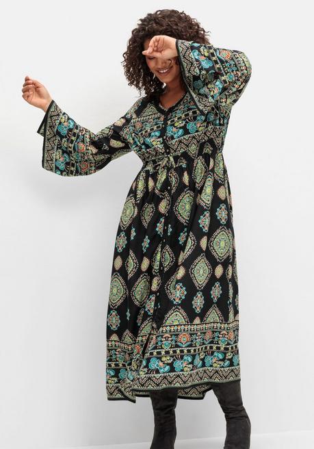 sheego by Joe Browns Maxikleid im Boho-Stil, mit Trompetenärmeln - schwarz gemustert sheego Begrenzte Freigabe