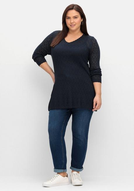 sheego Pullover aus Ajourstrick, in leichter A-Linie - nachtblau sheego Bis zu 60% Rabatt
