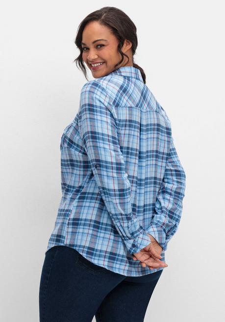 sheego Karierte Flanellbluse mit Brusttaschen - mittelblau-blau kariert sheego Bis zu 60% Rabatt