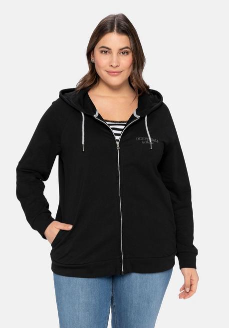 sheego Sweatjacke mit Kapuze und kleinem Brust-Print - schwarz sheego Kostenloser Versand