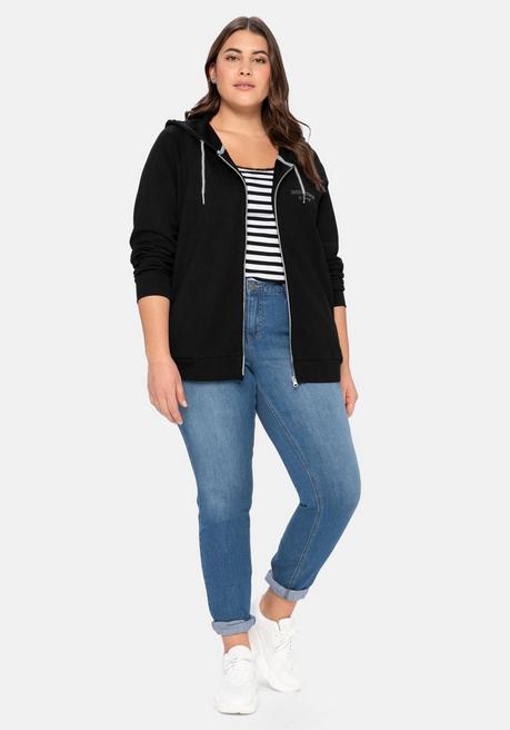 sheego Sweatjacke mit Kapuze und kleinem Brust-Print - schwarz sheego Kostenloser Versand