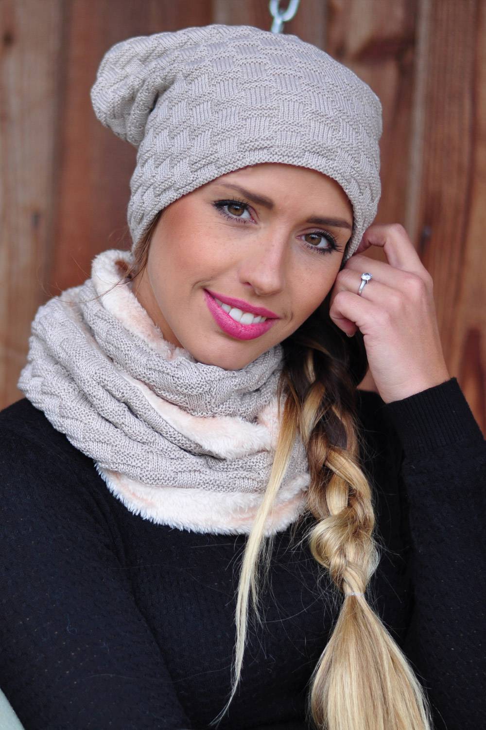 Stylebreaker Strick Schal und Beanie Mütze Set mit Flecht Muster und Fleece Online Outlet